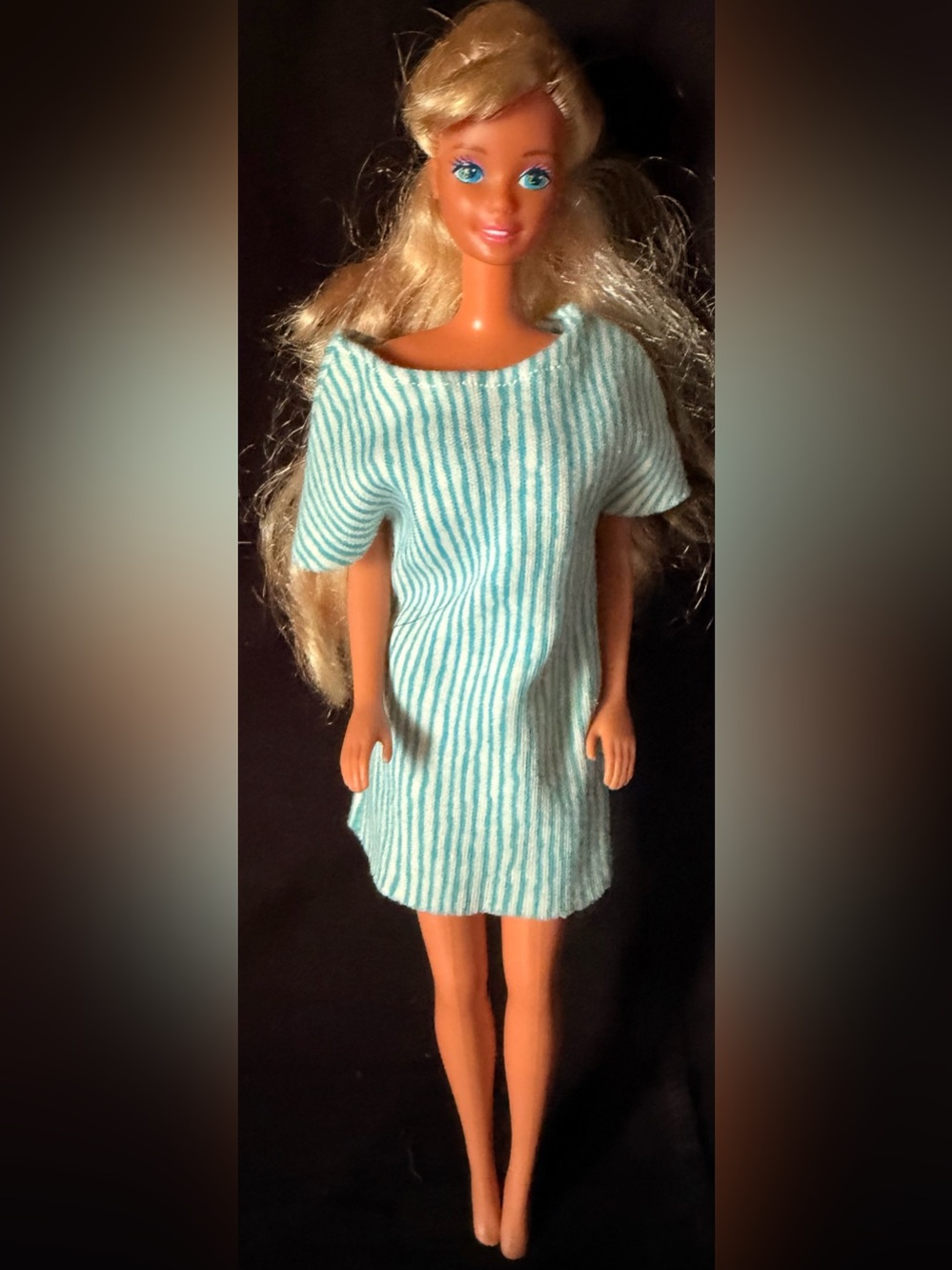 vintage barbie) Kids Bath Dress in Light Aqua Stripe - Brand Unspecified